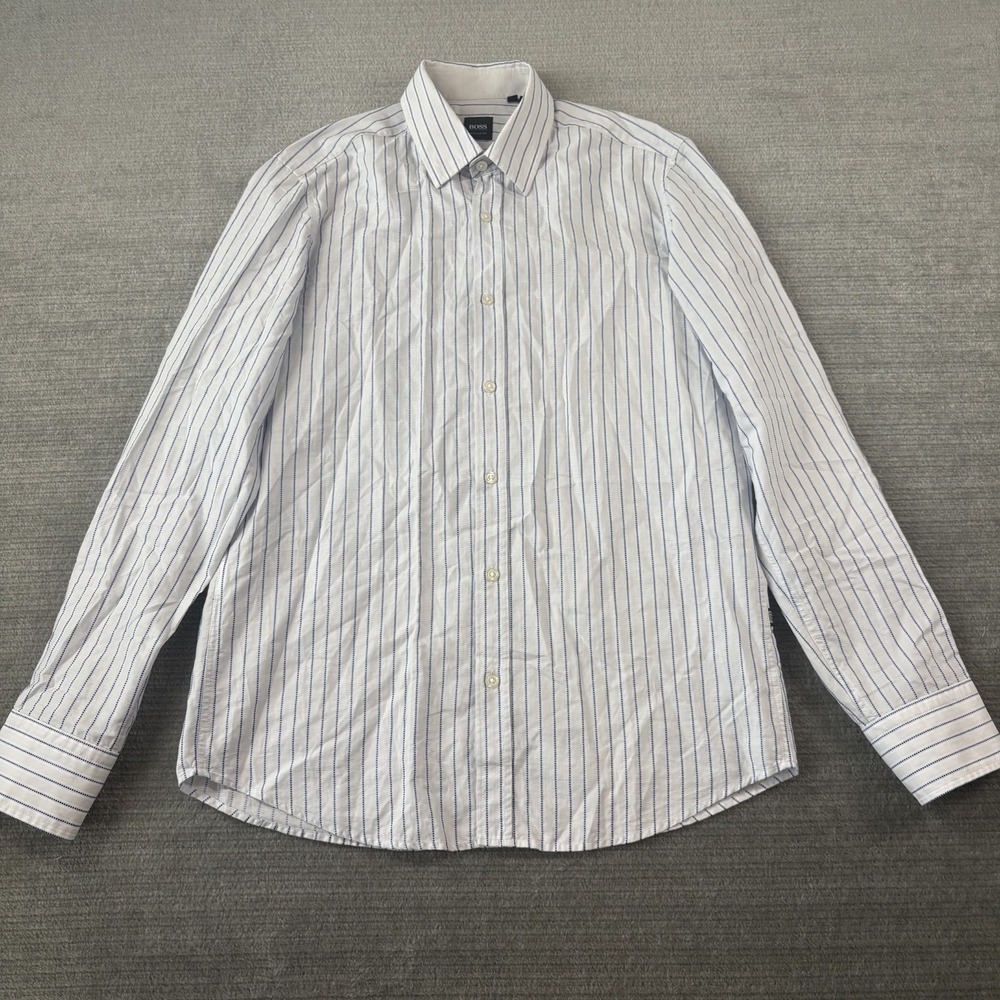 Boss Hugo Boss Button Up Shirt Women M White Blue Striped Business Office Casual